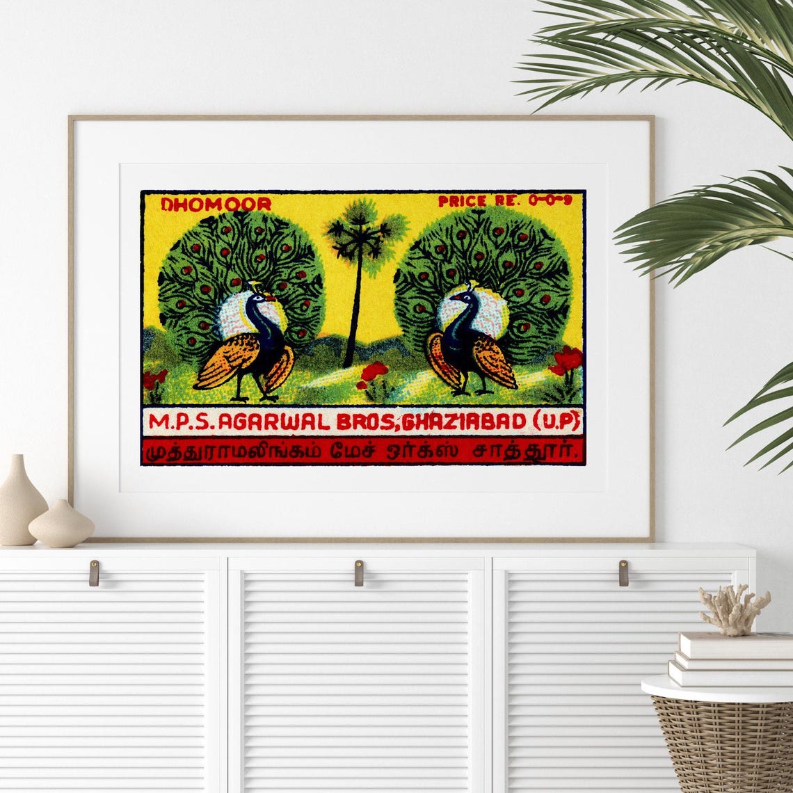 Dhomoor Twin Peacocks Fanned Tails Vintage India Match Label Poster - Image 2