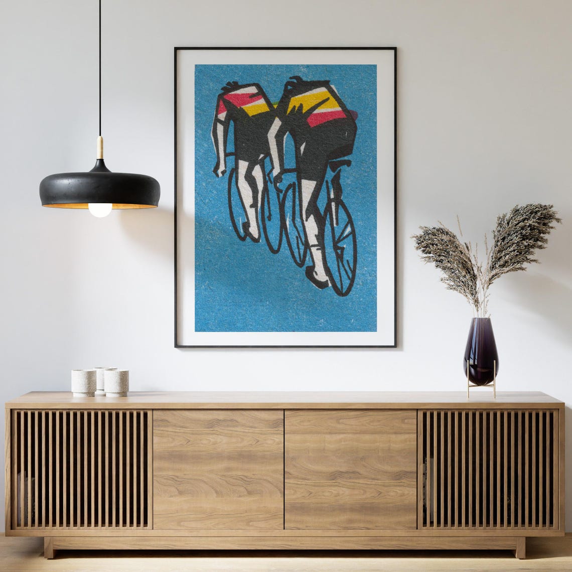 Two Cyclists Racing Rear View Blue Matchbox Label Vintage Art Poster - Image 4
