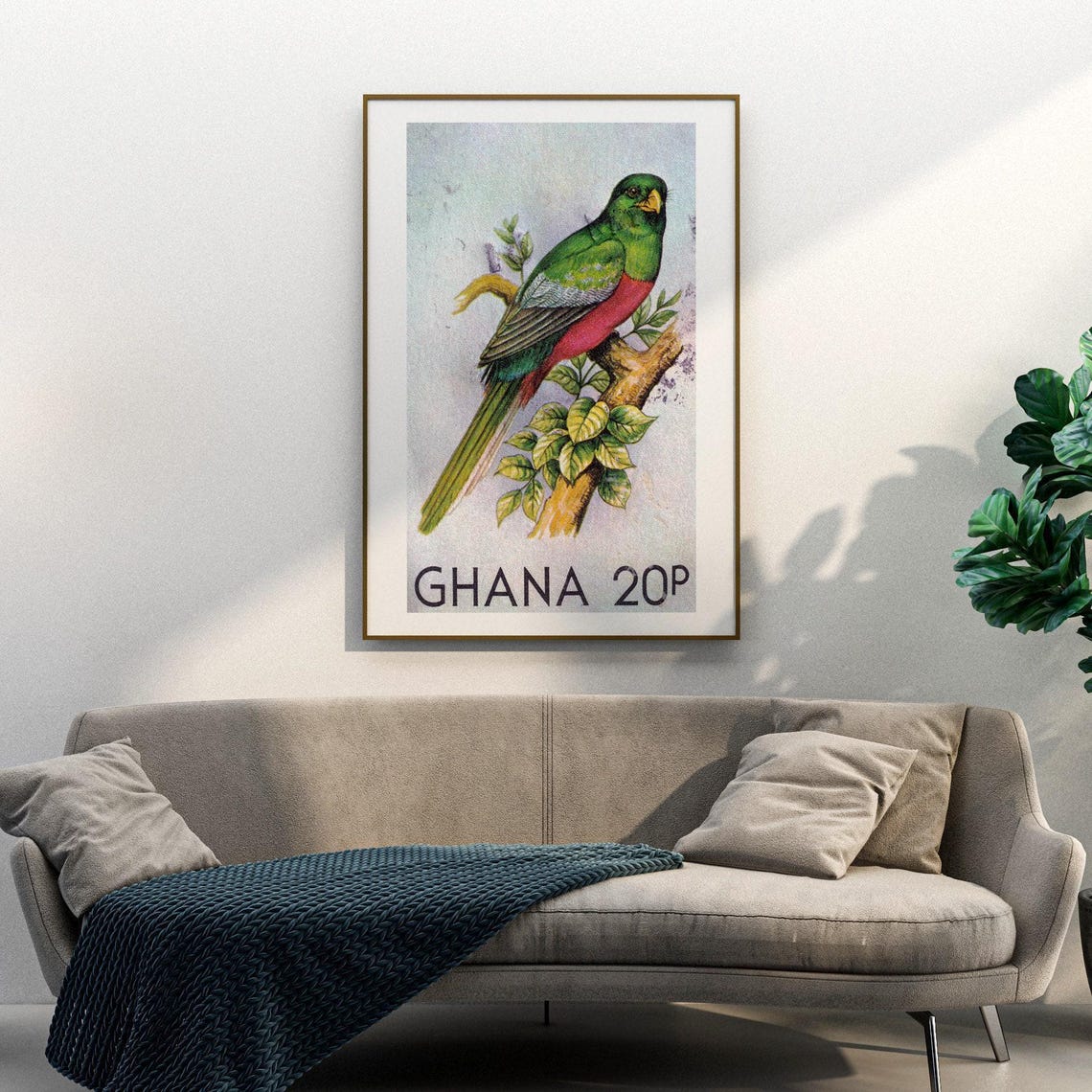 Ghana 20P Green and Crimson Tropical Bird Vintage Stamp Art Poster - Image 3