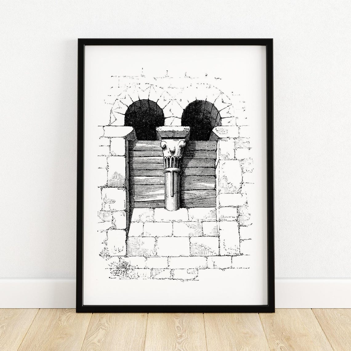 Boarded Up Romanesque Stone Window Architectural Illustration Poster