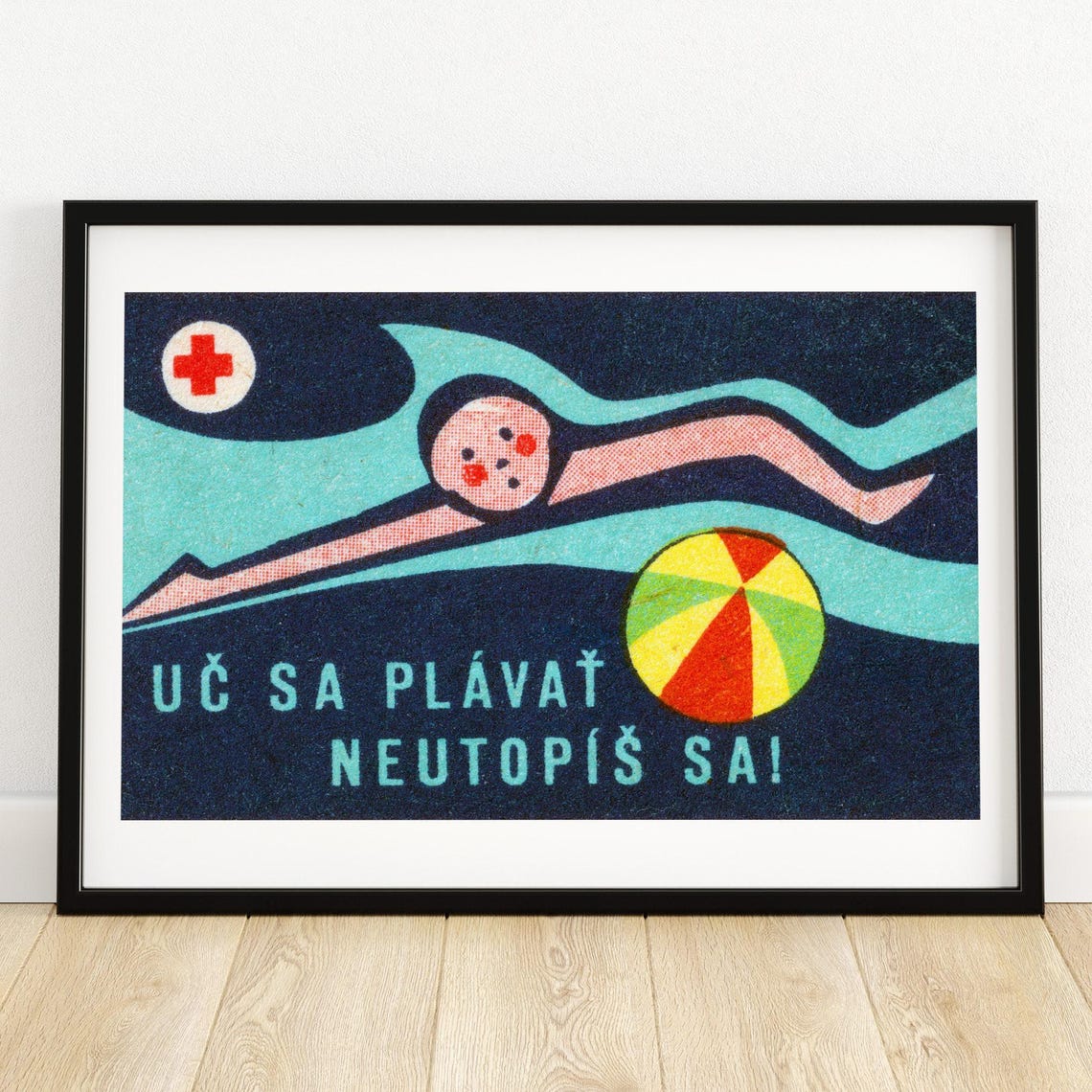 Learn To Swim Czech Matchbox Label Vintage Swimmer Art Poster