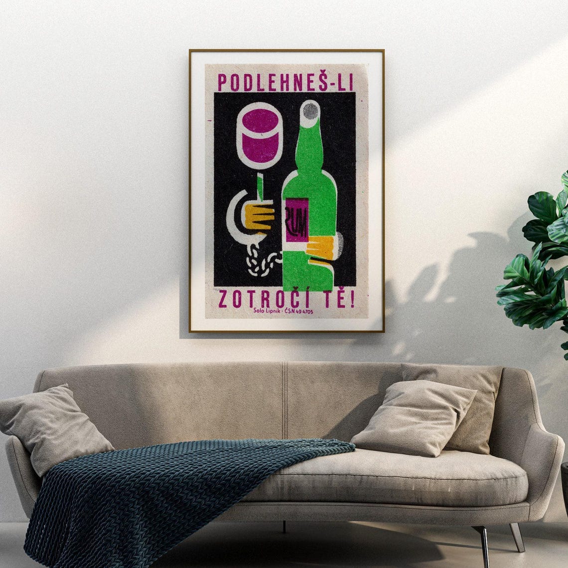 Czech Anti Alcohol Matchbox Label Rum Bottle Chained Hand Poster - Image 3
