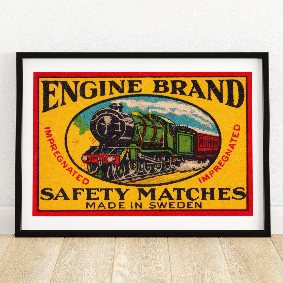 Engine Brand Safety Matches Vintage Swedish Steam Train Label Poster