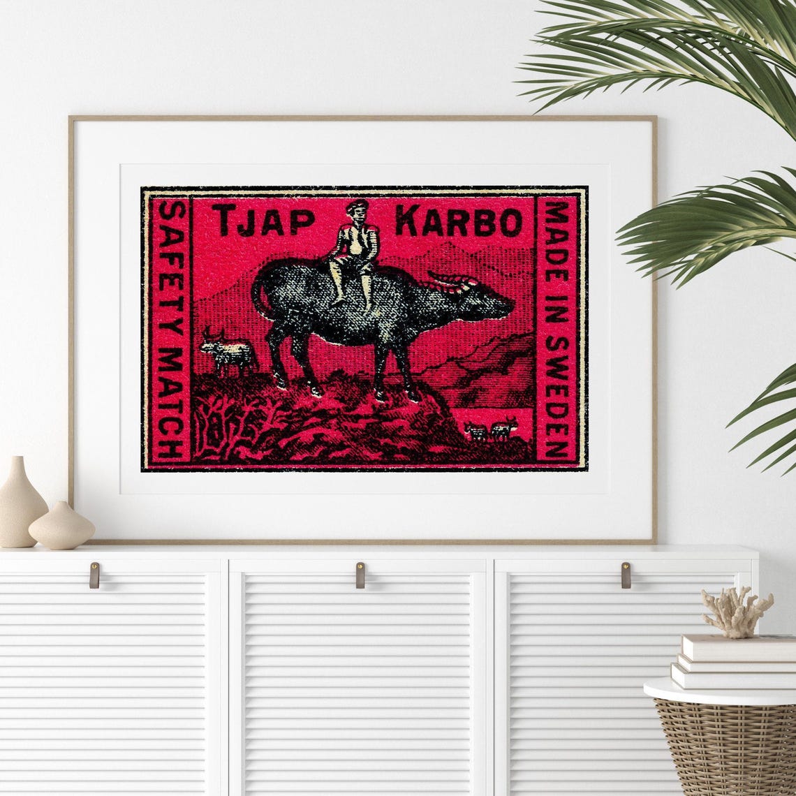 Tjap Karbo Water Buffalo Rider Vintage Swedish Match Label Poster - Image 2