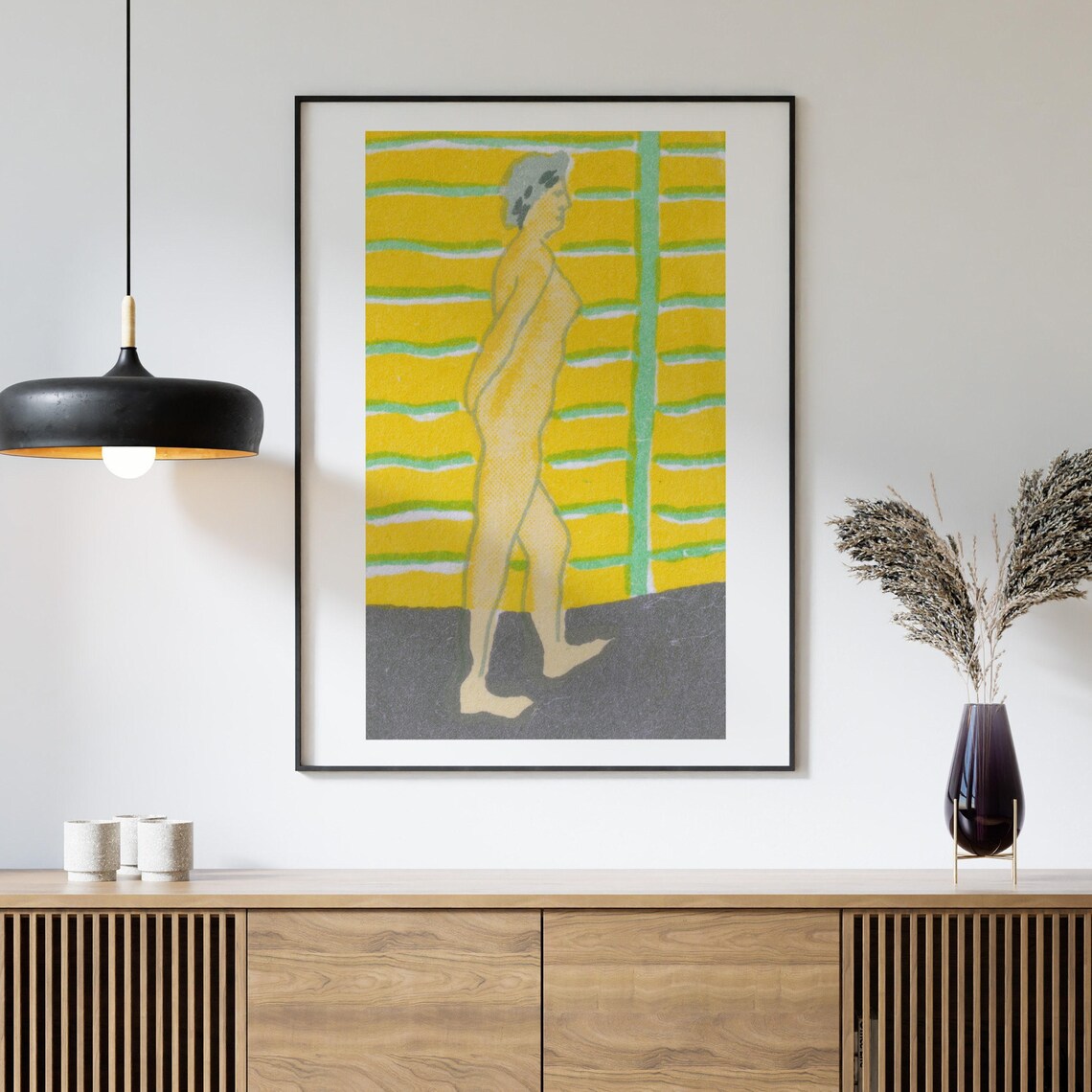 Walking Woman Yellow Green Stylized Figure Vintage Art Print - Image 4