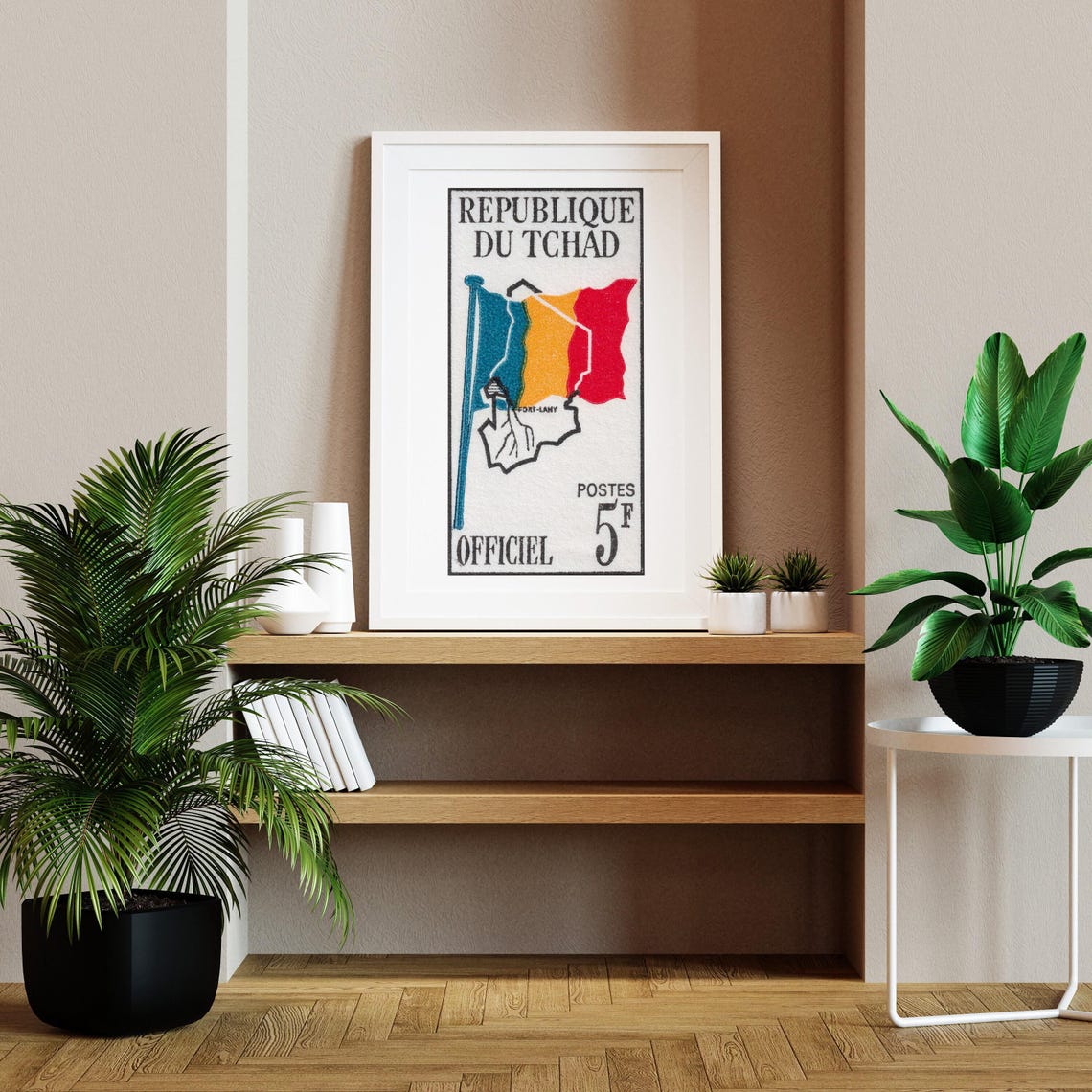 Chad Republic Vintage Map and Flag Postage Stamp 5F Art Poster - Image 2