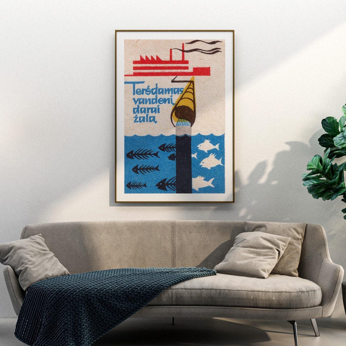Save Our Water Fish Factory Pollution Vintage Lithuanian Poster - Image 3
