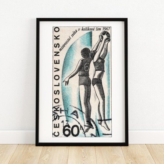 Basketball Players Vintage Czech Art Postage Stamp Print Aesthetic Wall Art Postage Stamp Wall Poster Vintage African Art