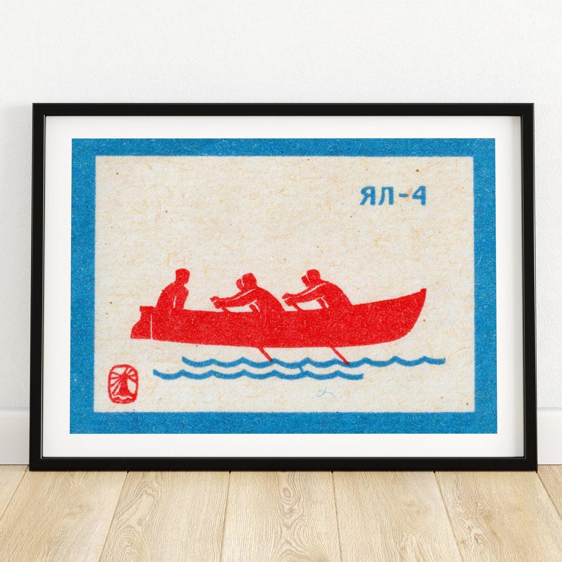 Red Rowboat Three Rowers Minimalist Soviet Matchbox Label Art Poster