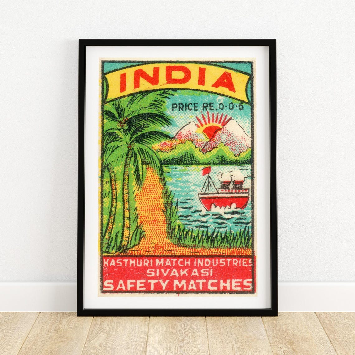 India River Sunset Boat Sivakasi Safety Matches Label Poster