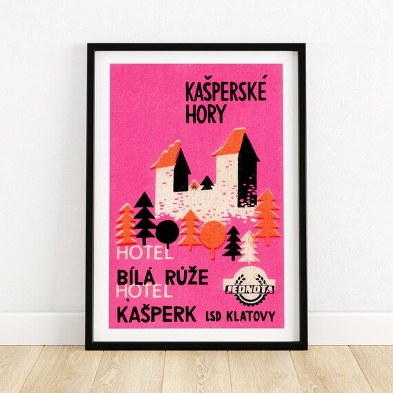 Pink Mountain Hotel Matchbox Print Aesthetic Wall Art Vintage Czech Art Matchbox Wall Poster Vintage Poster Print