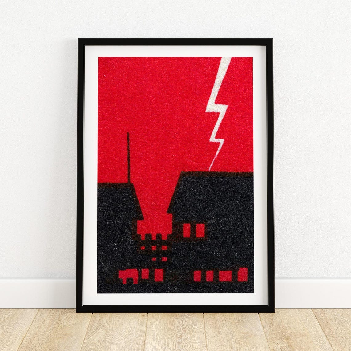 Lightning Strike Over House Black Red Dramatic Storm Night Art Poster