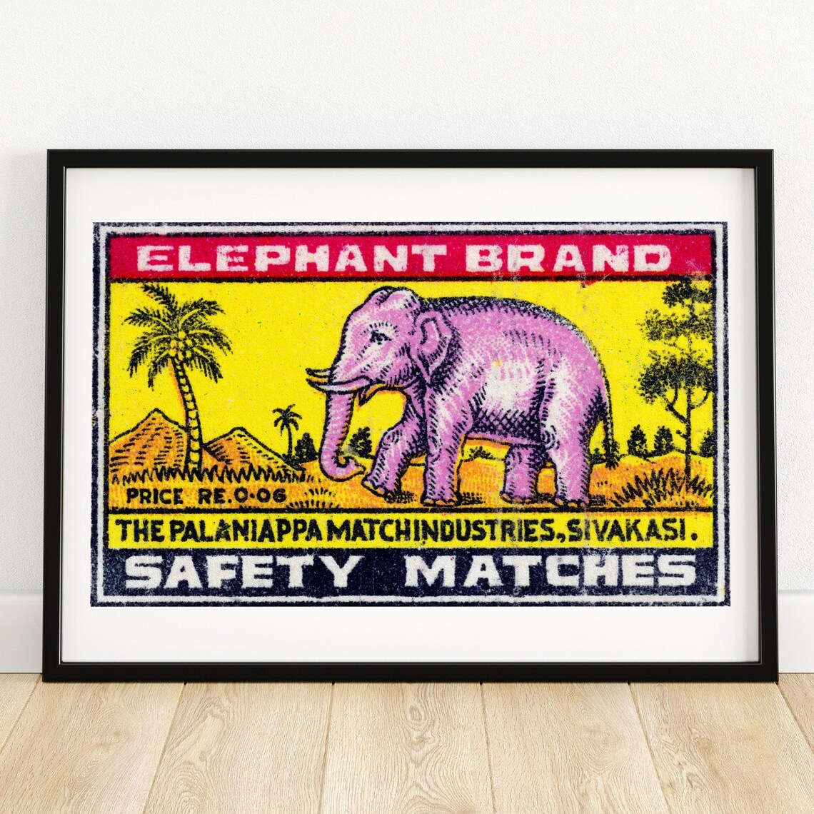 Pink Elephant Matchbox Vintage Indian Art Poster