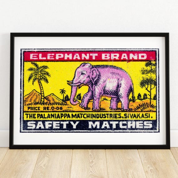 Pink Elephant Matchbox Vintage Indian Art Poster