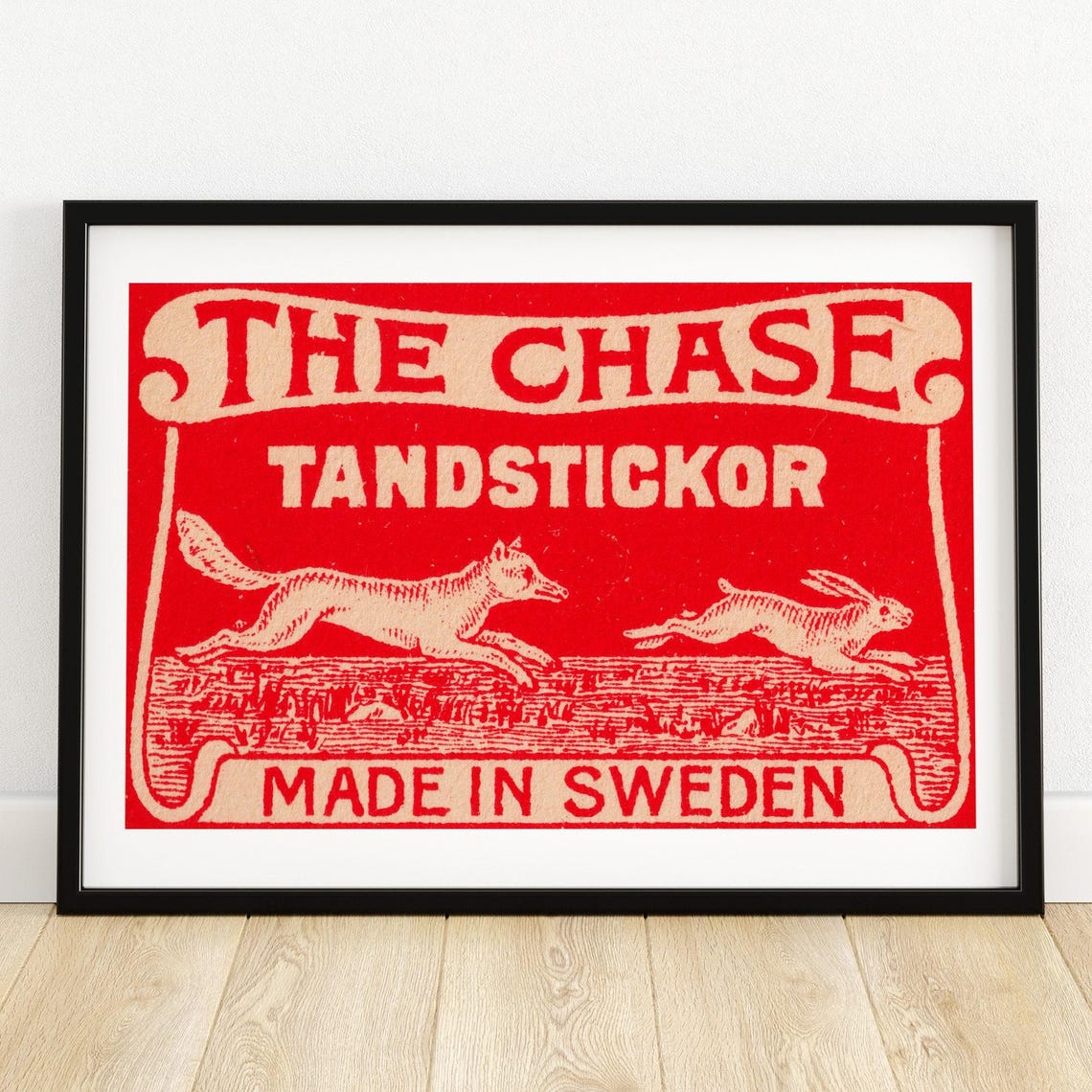 The Chase Fox Hare Swedish Red Matchbox Label Vintage Art Poster