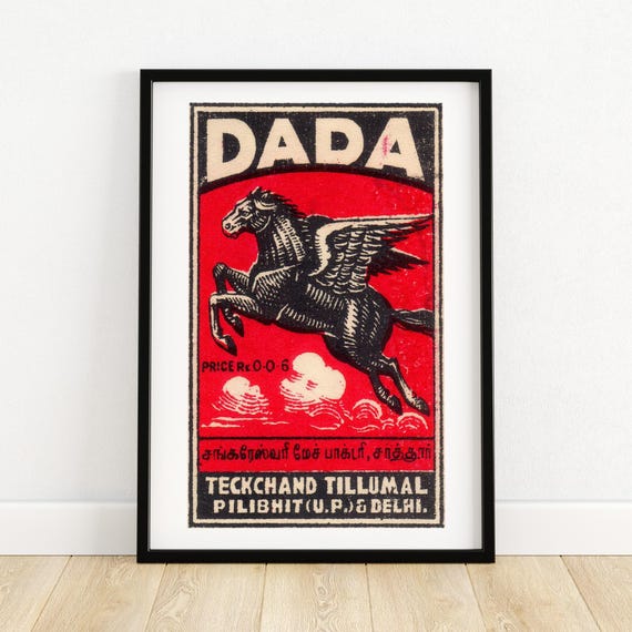 Pegasus Matchbox Art Print Vintage Indian Advert Design Red Black Graphic Wall Decor Unique Collectible Poster A4