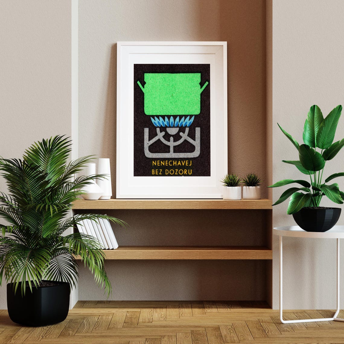 Green Pot On Gas Stove Blue Flame Czech Matchbox Safety Art Poster - Image 2