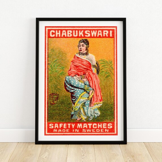 Chabukswari Safety Matches Art Print Vintage Swedish Matchbox Cover Indian Woman Illustration Colorful Collectible Wall Decor A4