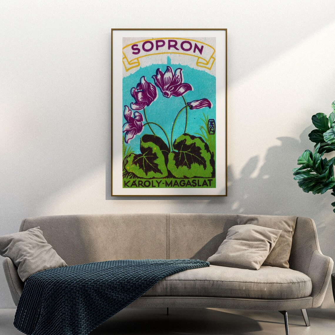 Sopron Purple Flowers Karoly Magaslat Vintage Hungarian Label Poster - Image 3