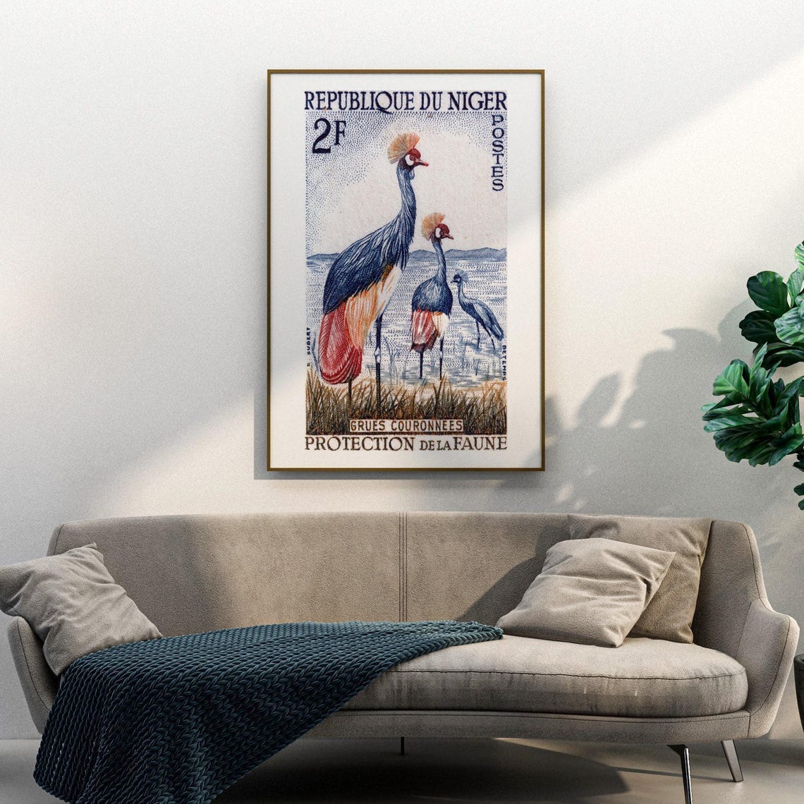 Niger Crowned Cranes Wildlife Protection Vintage Stamp Art Poster - Image 3