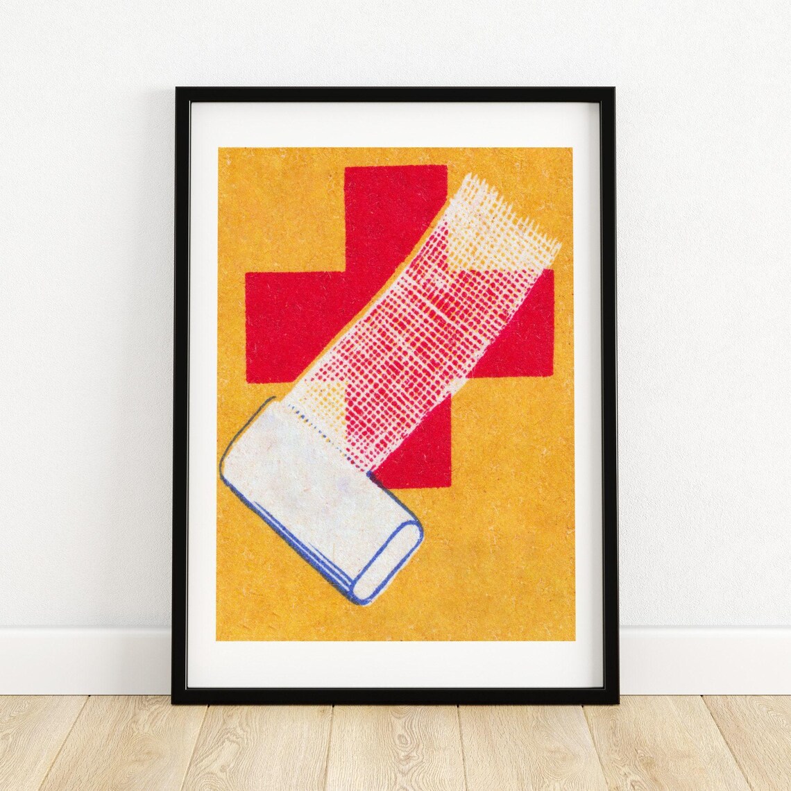 First Aid Bandage Red Cross Yellow Vintage Matchbox Art Poster
