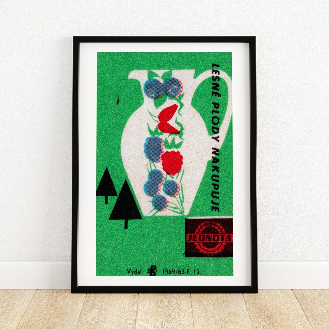 Jednota 1969 Berry Jug Czech Matchbox Label Vintage Green Art Poster