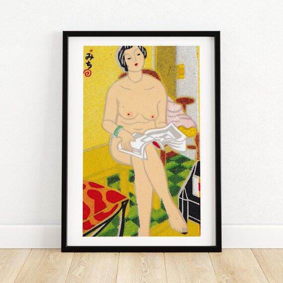Japanese Woodblock Nude Woman Reading Newspaper Yellow Room Art Poster