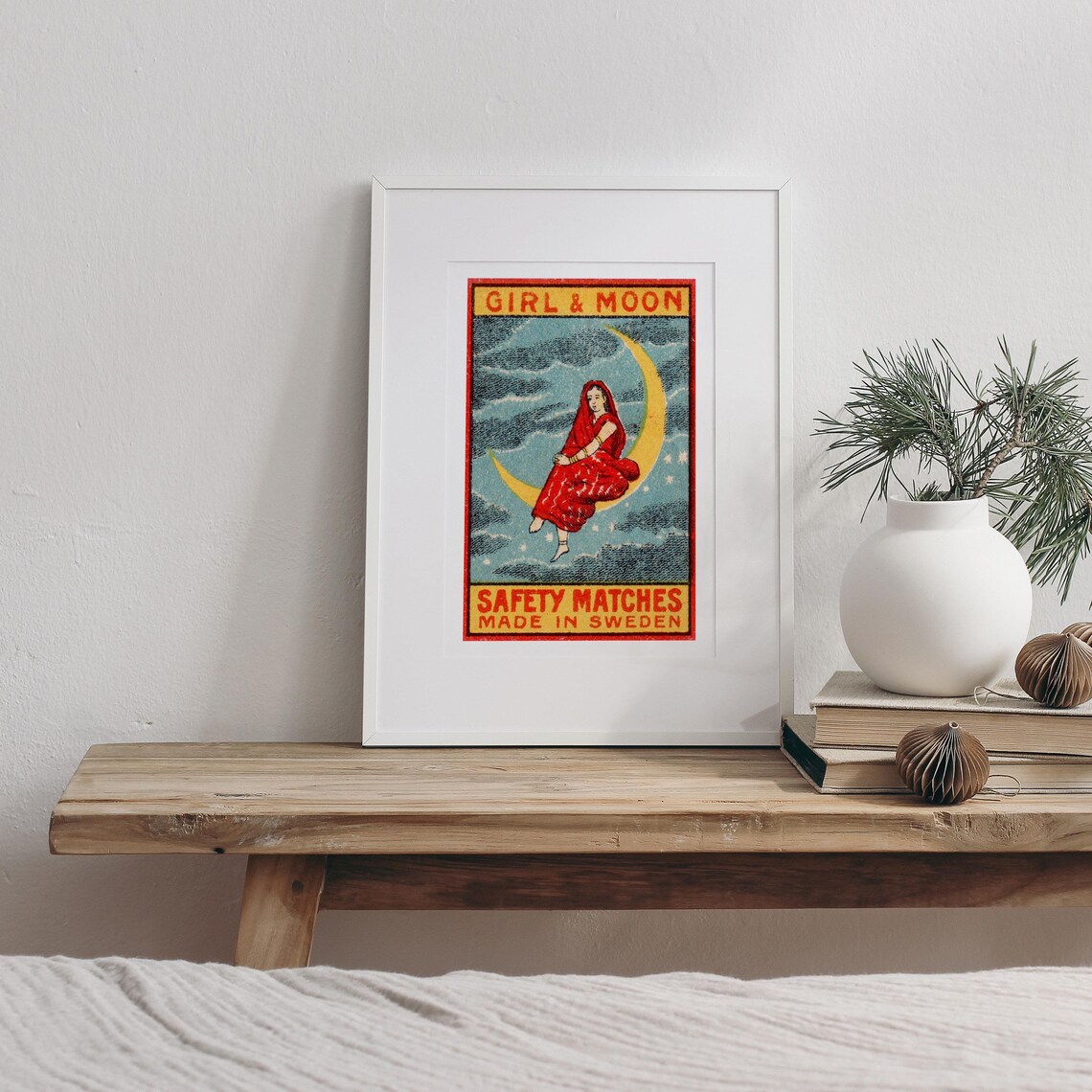 Girl and Moon Red Sari Crescent Moon Vintage Swedish Match Poster - Image 3