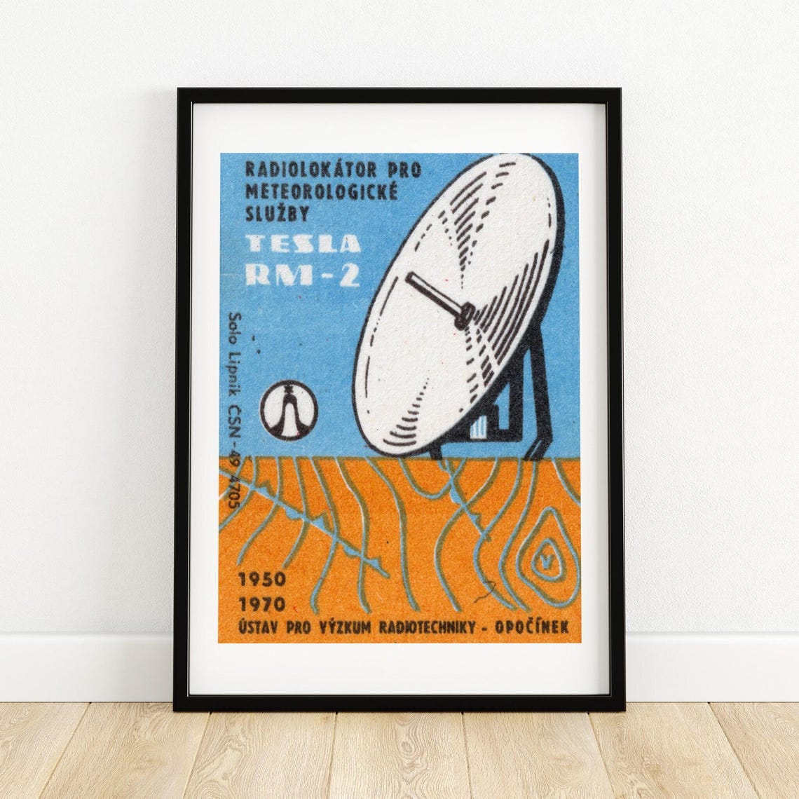 Tesla RM-2 Weather Radar Dish Vintage Czech Matchbox Label Poster