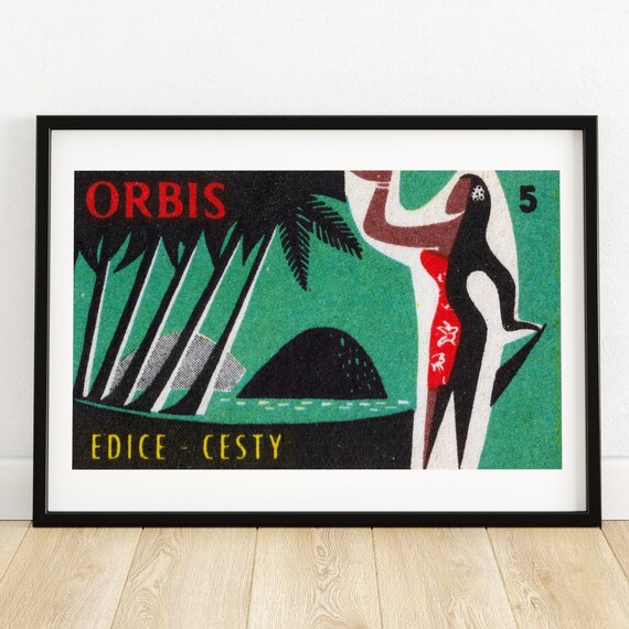 Tropical Island Woman In Dress Matchbox Print Czech Wall Art Vintage Czech Art Matchbox Wall Poster Vintage Poster Print