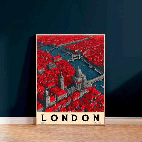 London City Map Wall Art Print Red And Grey Urban Poster Modern Home Decor Architecture Illustration Travel Gift For Lovers