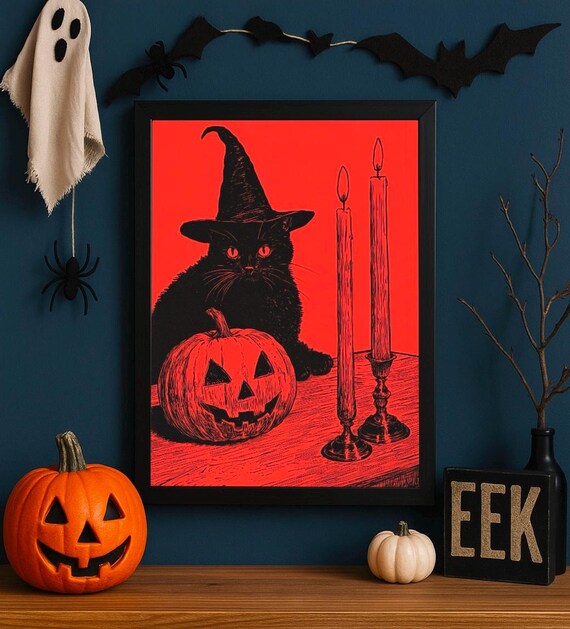 Halloween Black Cat Witch Hat Poster With Pumpkin And Candle Gothic Wall Art Spooky Vintage Style Home Decoration