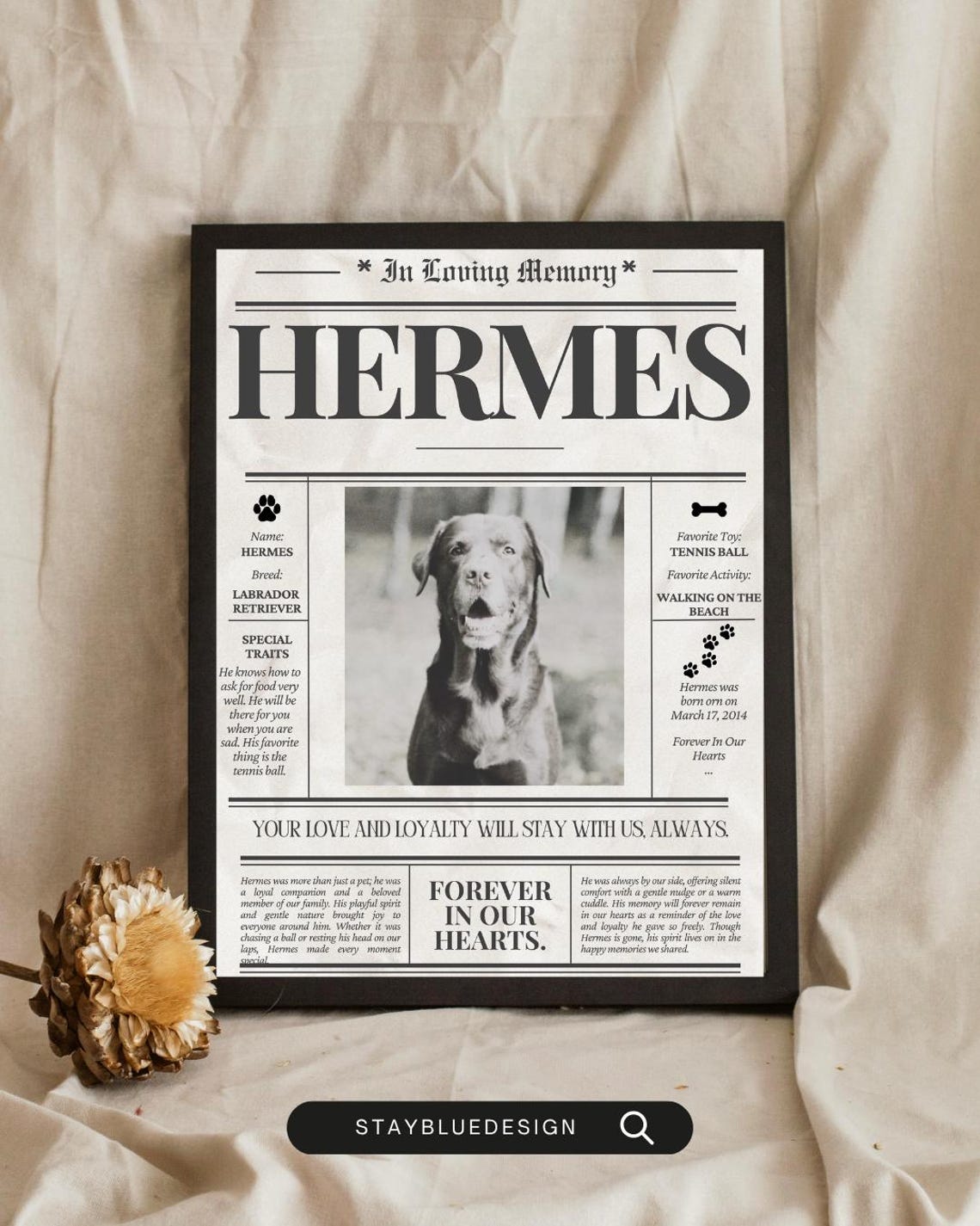 Newspaper Style Pet Memorial Tribute Print For Dog Loss Gift
