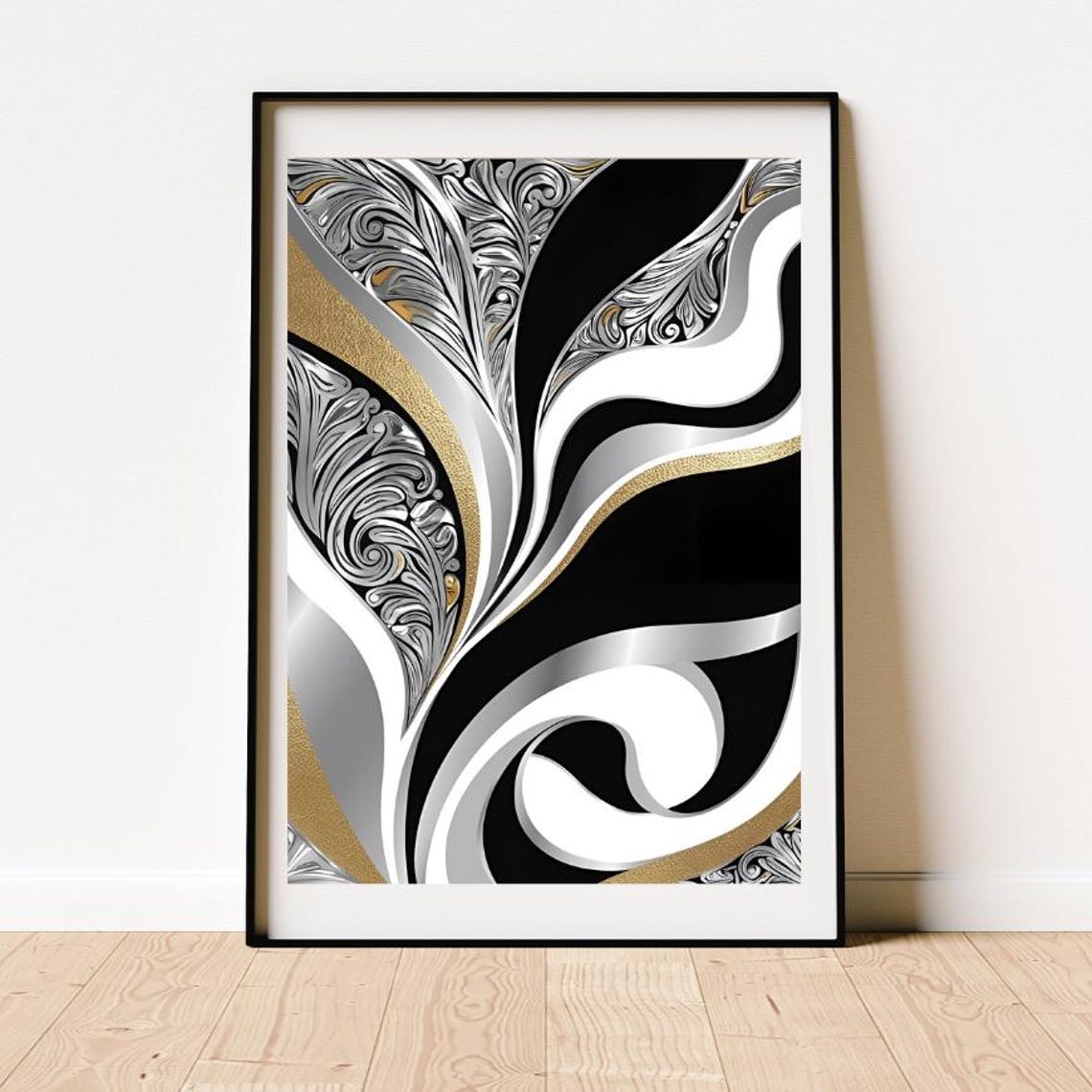 Black Gold Silver Flowing Waves Filigree Abstract Art Poster