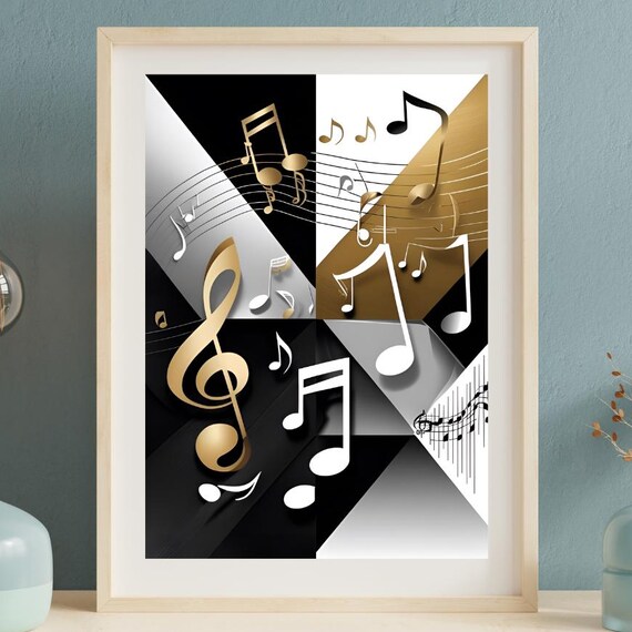 Modern Abstract Music Notes Poster Midcentury Wall Art Bold Geometric Shapes And Musical Symbols Gold Silver Artwork Jazzinspired Decor