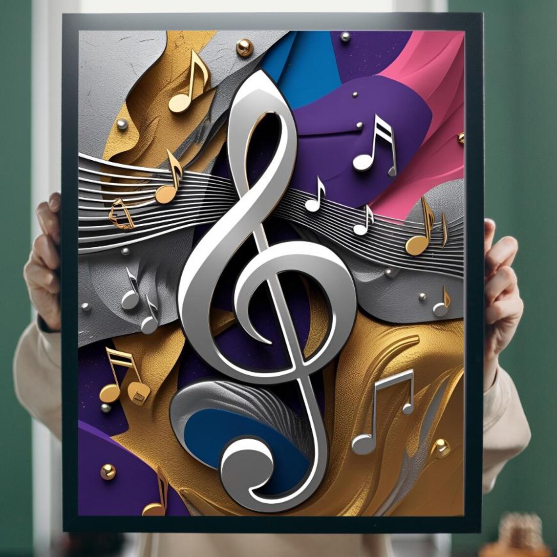 Silver 3D Treble Clef over Gold and Purple Swirl Music Poster