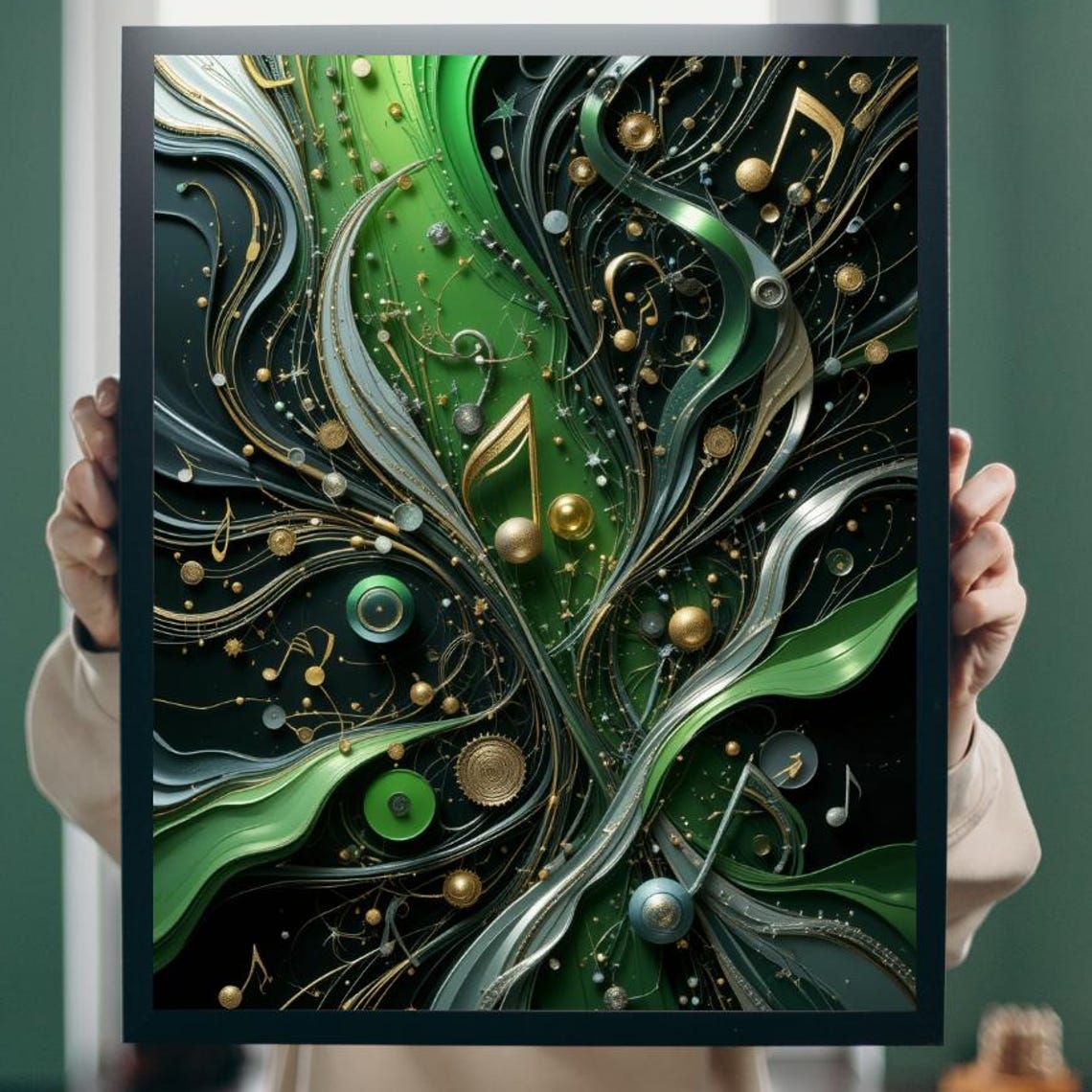 Emerald Green and Gold Flowing Musical Notes Abstract Poster