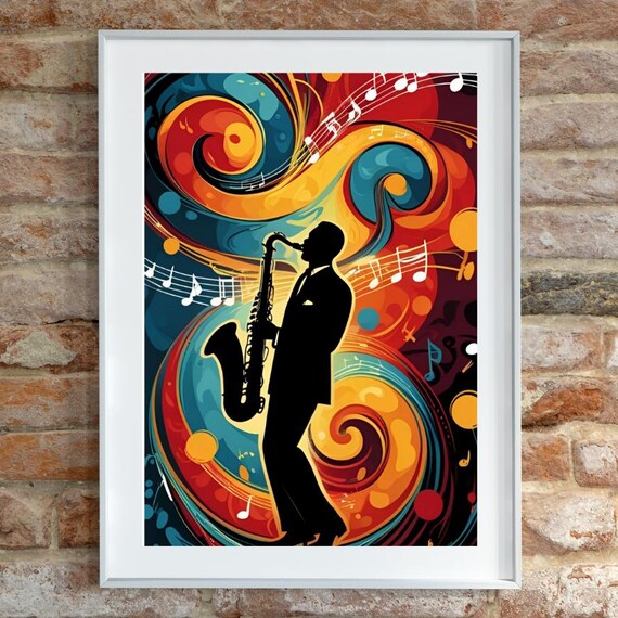 Saxophonist Silhouette in Swirling Psychedelic Jazz Art Poster