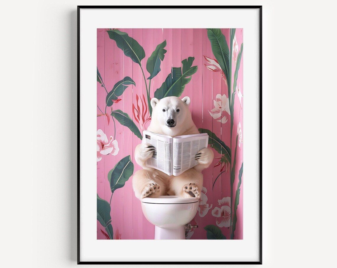 Funny Polar Bear Poster of a Bear Reading the Paper on a Pink Floral Toilet