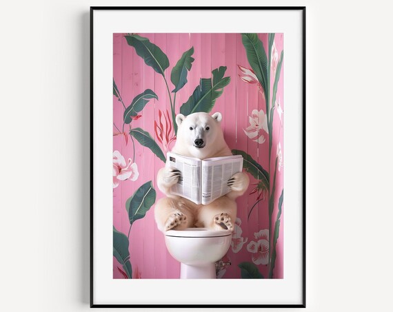 Funny Polar Bear Poster of a Bear Reading the Paper on a Pink Floral Toilet