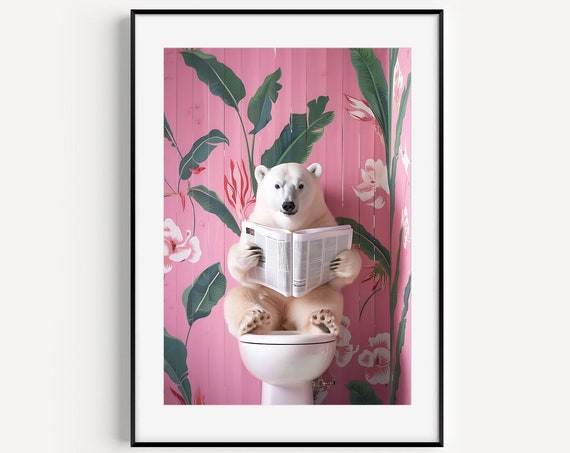 Polar Bear On Toilet Print Bathroom Prints Funny Bathroom Wall Decor Toilet Wall Art Funny Bear Poster Bathroom Wall Art Toilet Poster