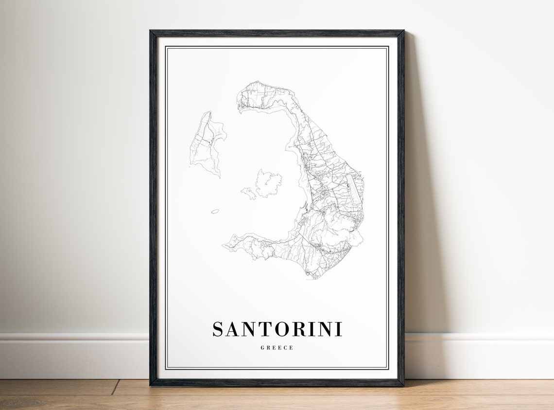 Minimalist Santorini Island Outline Black and White Map Poster