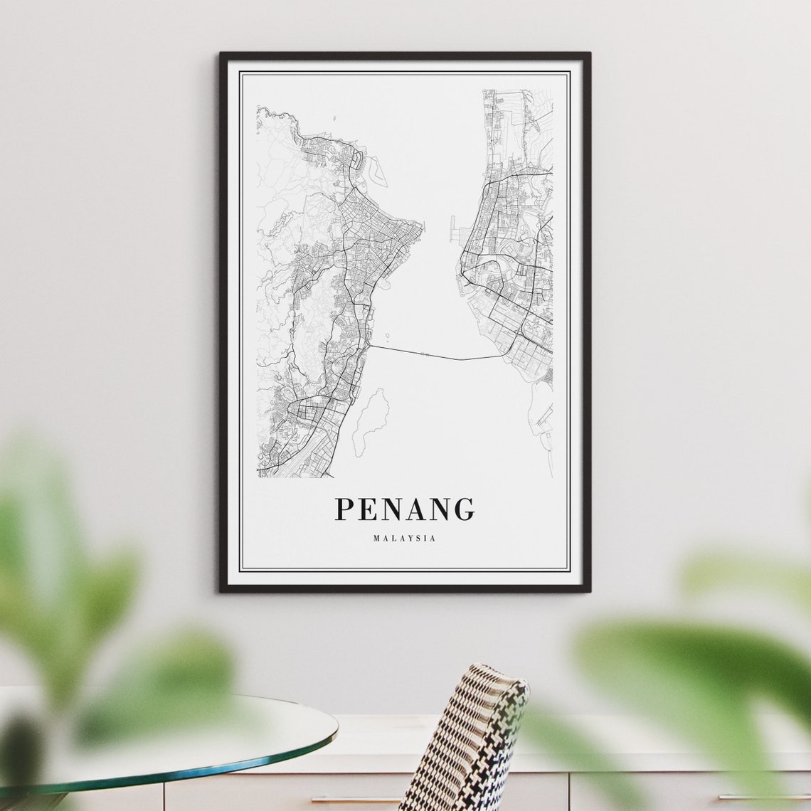 Penang Malaysia City Street Map Minimal Black White Map Wall Print - Image 3