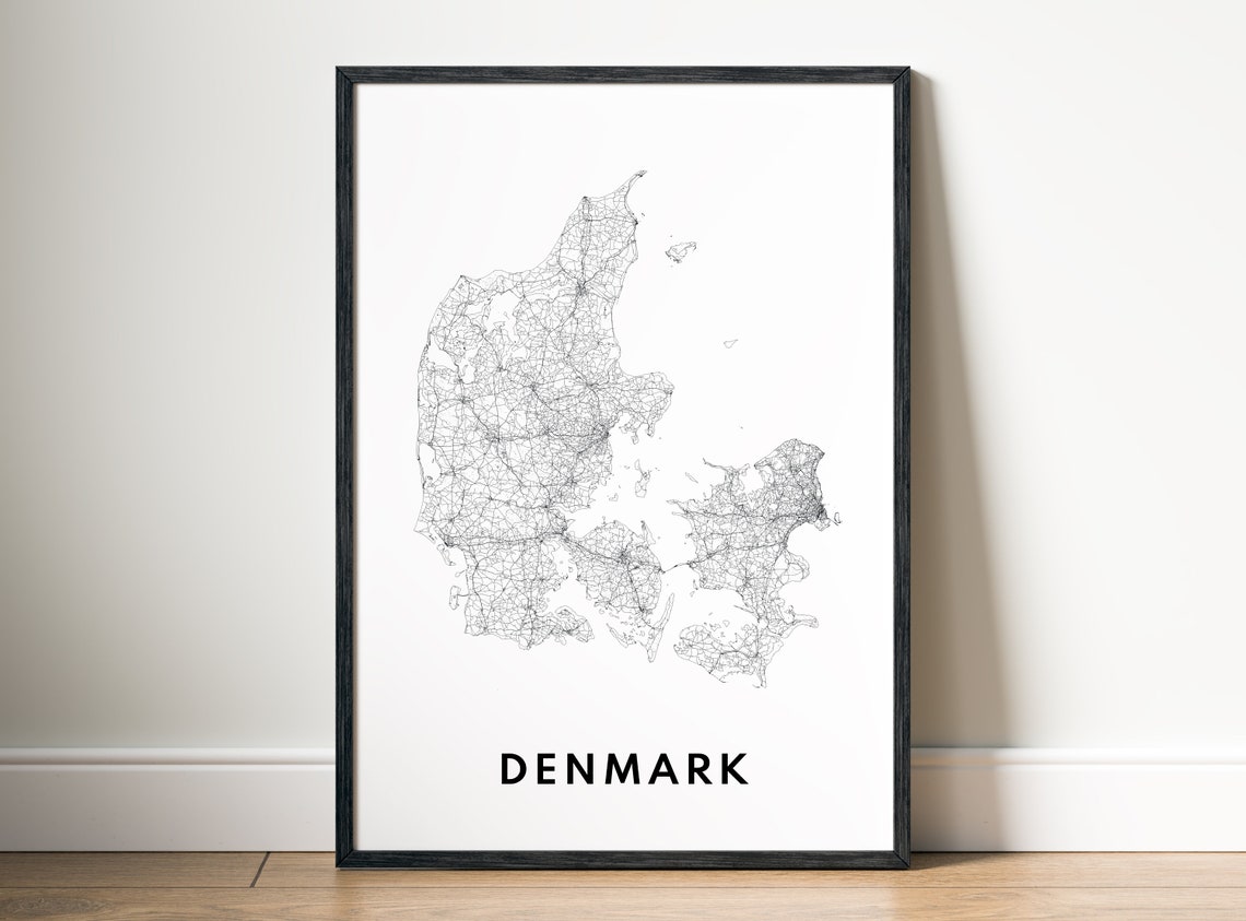 Denmark Country Minimalist Black and White Road Map Art Poster - Image 5