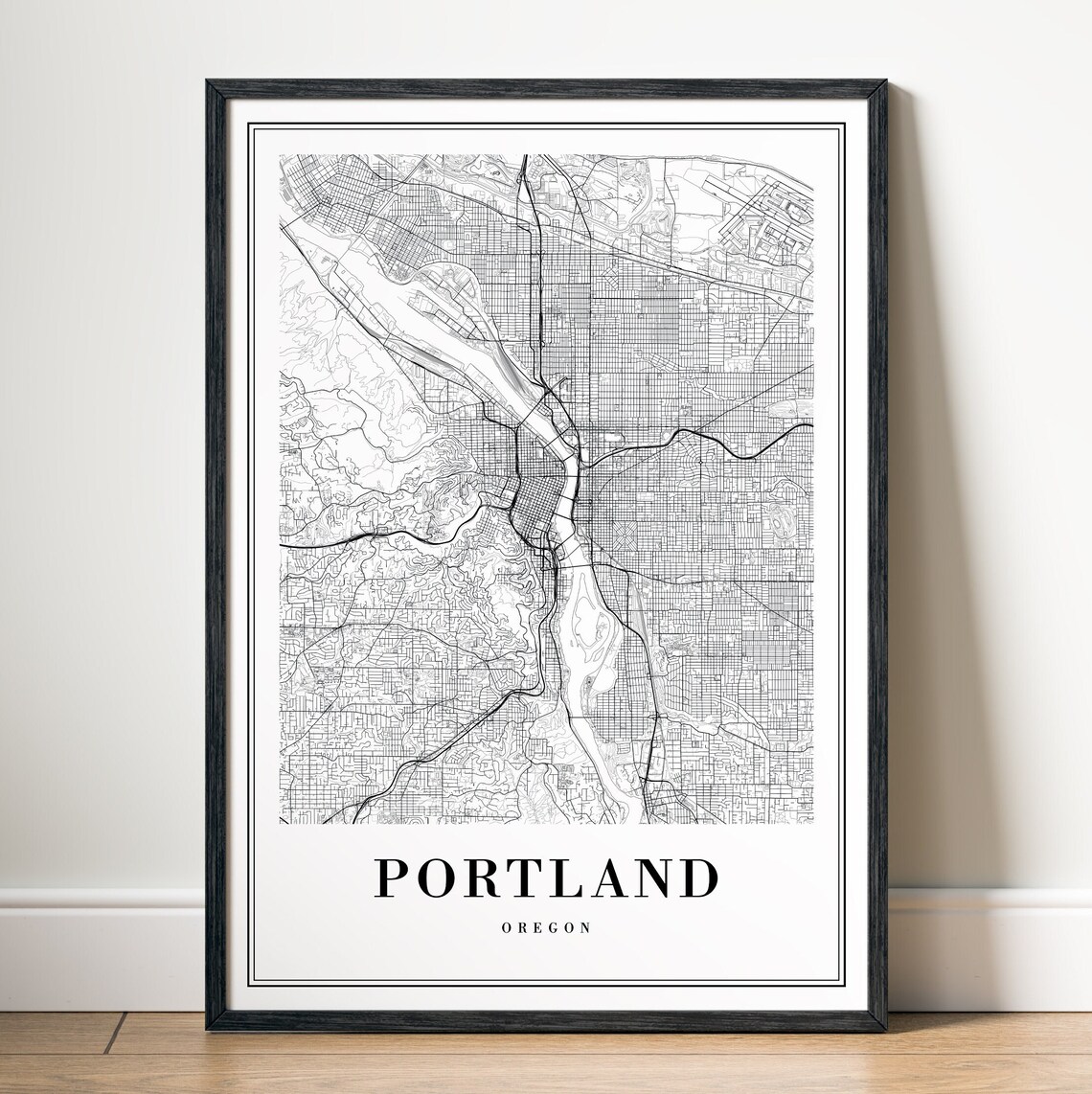 Portland Oregon Minimalist Black and White City Street Map Poster