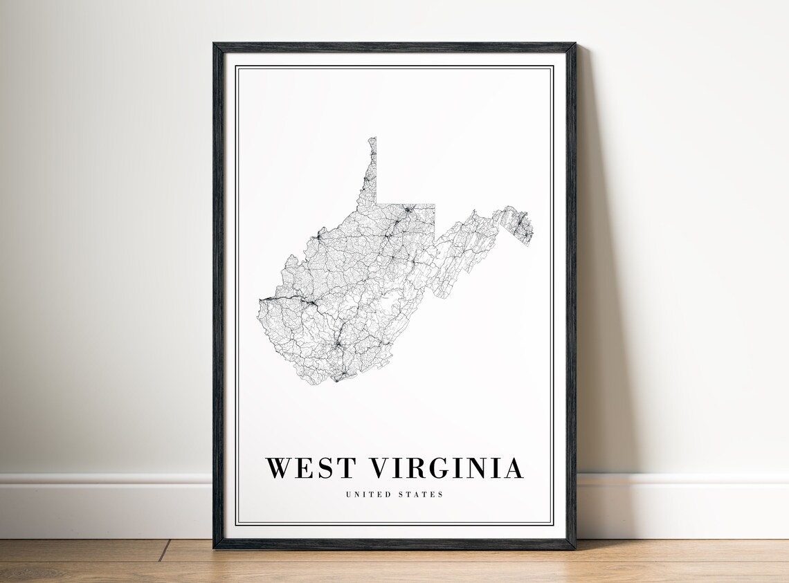 West Virginia State Map, Black and White Art Print