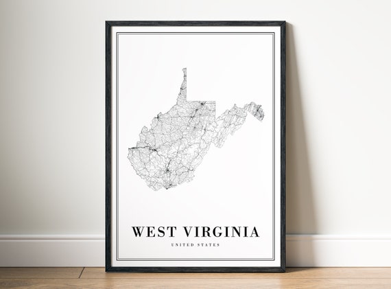 West Virginia State Map, Black and White Art Print
