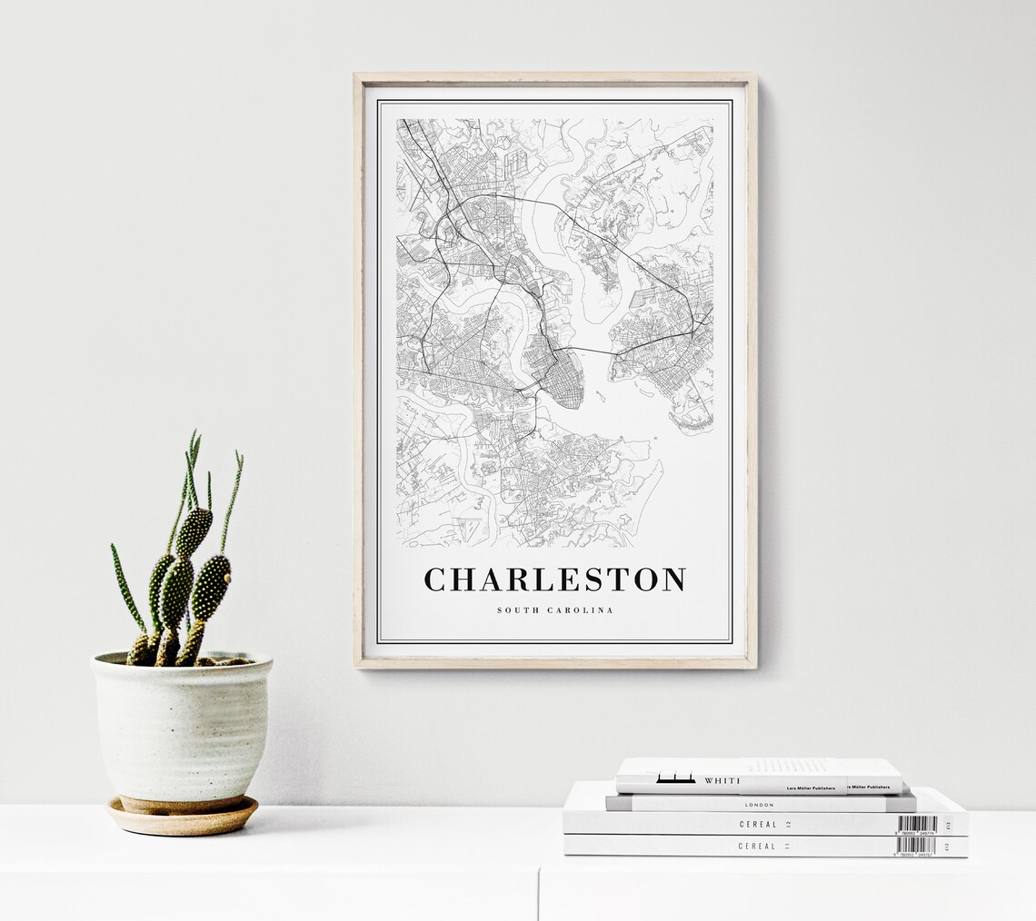 Charleston South Carolina Map Art Print, Black And White - Image 3