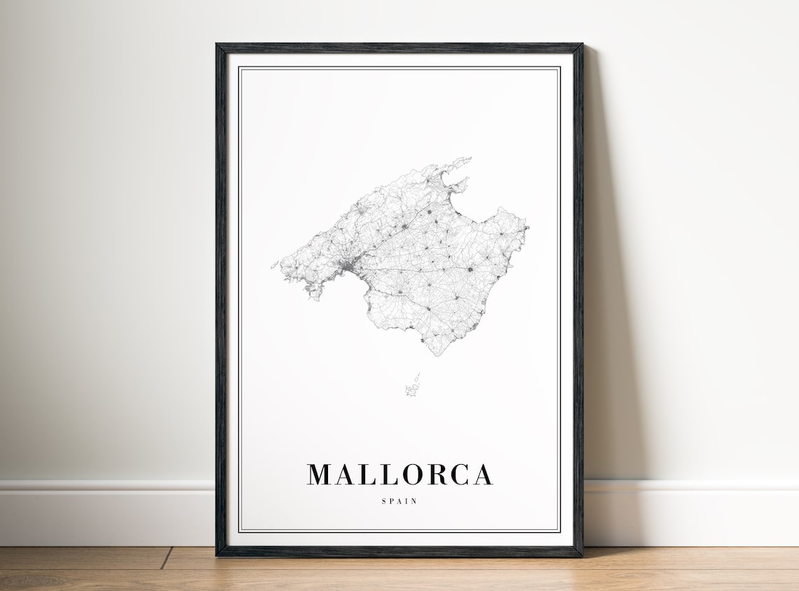 Mallorca Map Print, Black and White Travel Poster