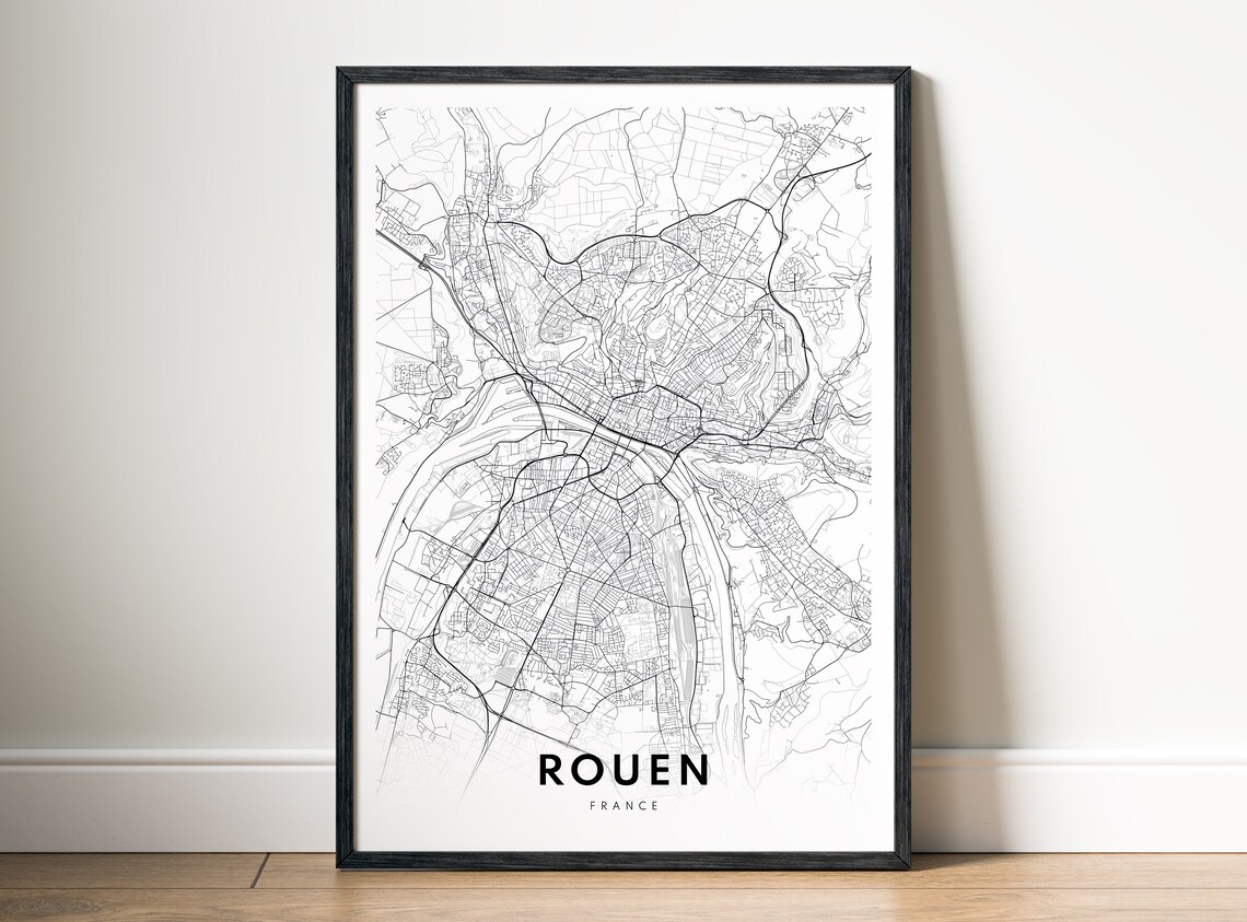 Rouen Map Print France Poster Black And White Wall Art Sketch